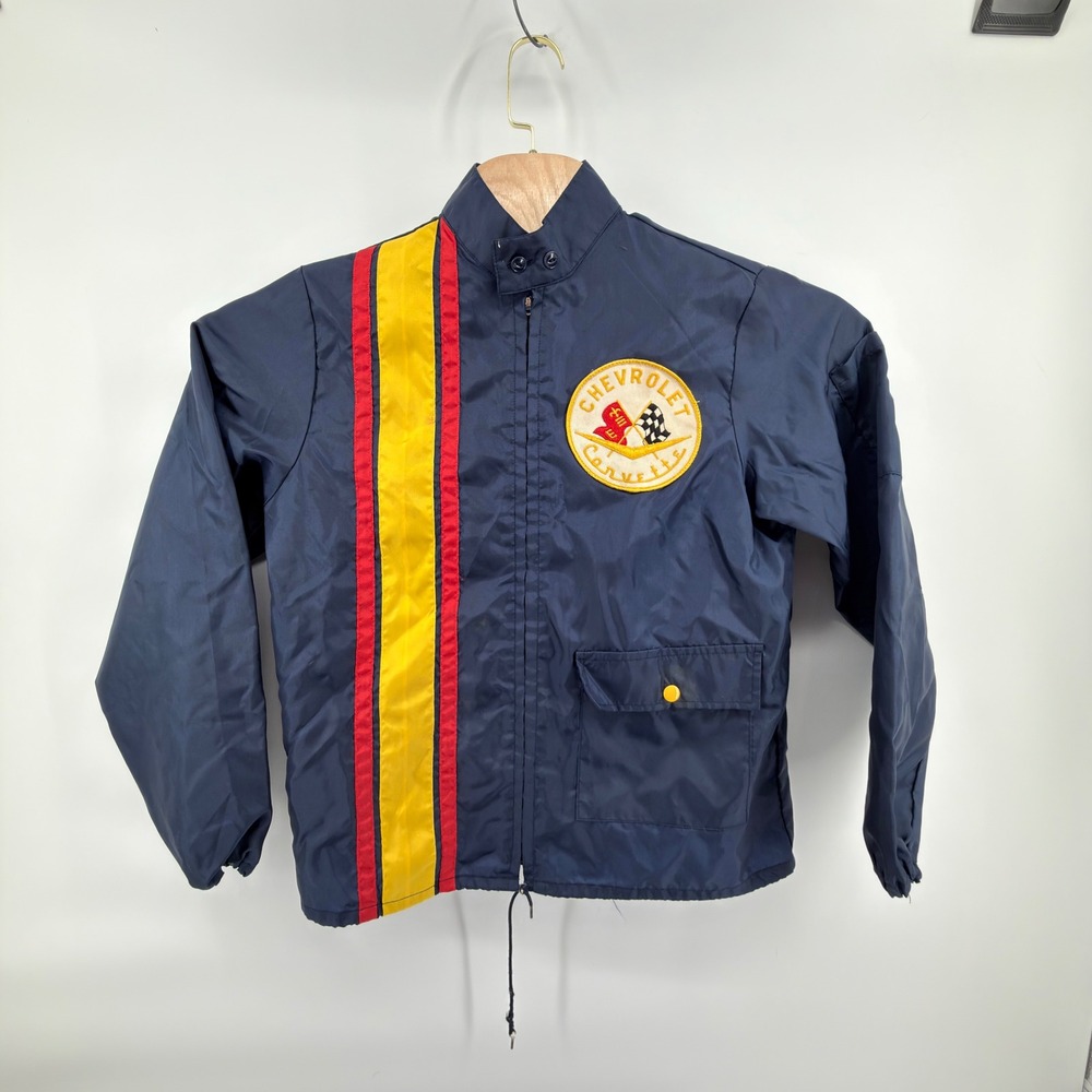VTG  Chevrolet Corvette Racing Jacket Navy Blue Nylon Windbreaker Patch Striped